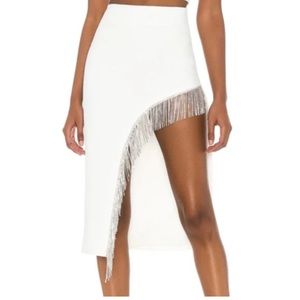 NWT: NBD White Rhinestone Fringe Midi Skirt. Size L. High Side Slit